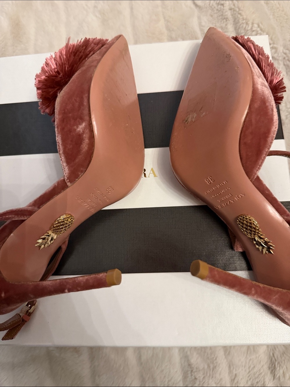 Aquazzura Rose Velvet Pom-Pom Slingback Heels - Picture 3 of 6